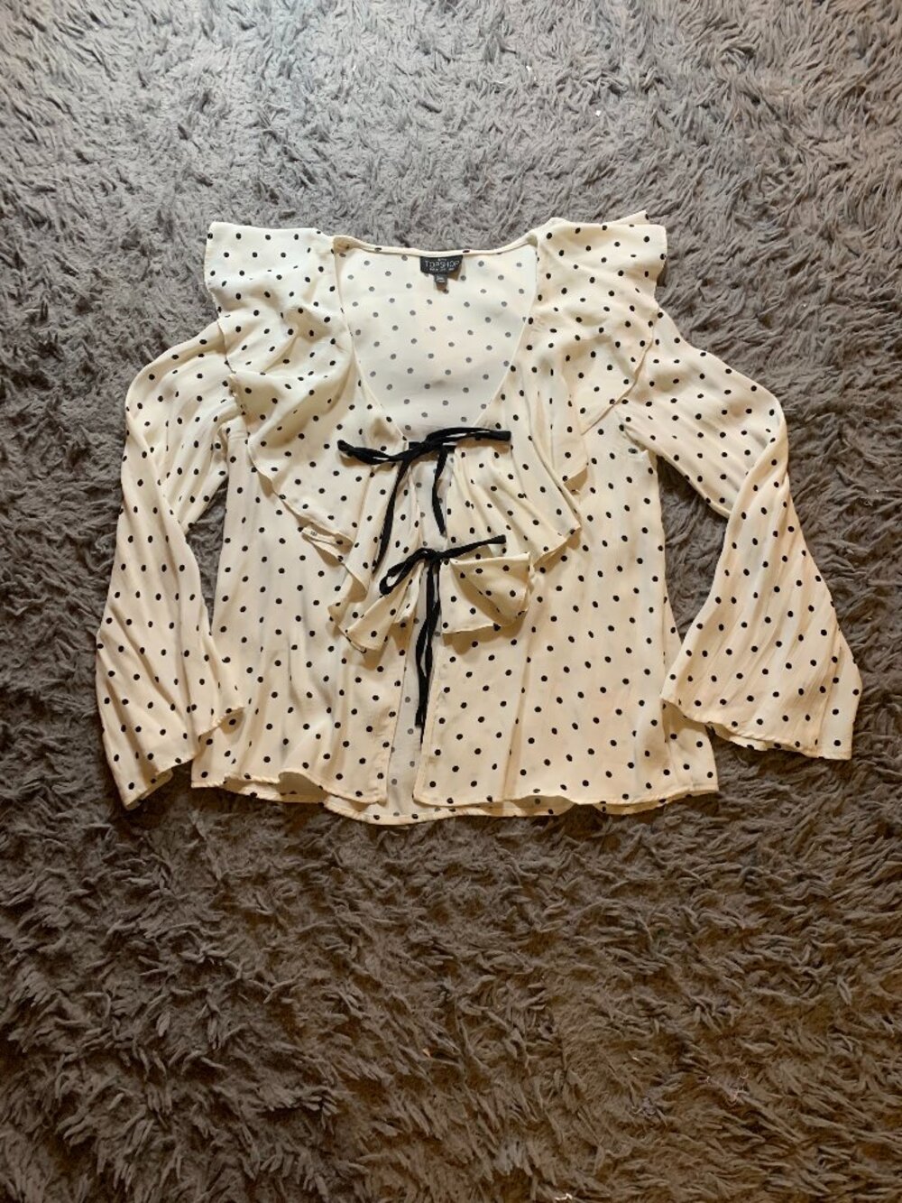 Topshop black and white ruffled polka dot tie front blouse sz 2